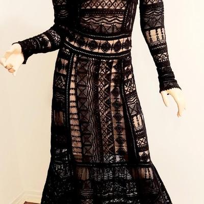 Vtg Crochet open lace maxi illusion dress