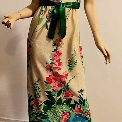 Vtg 1970s Leslie Fay Maxi Floral Printed dress Sash Ribbon Belt