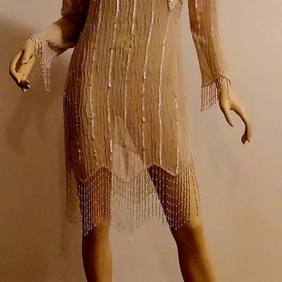 Vtg 70s Layering Silk Embellished  Jack Bryan Fringed dress