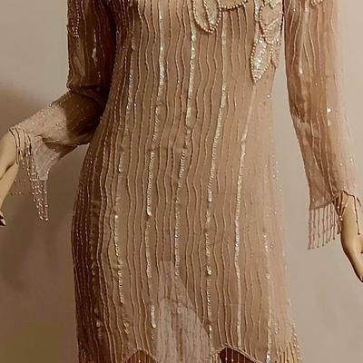 Vtg 70s Layering Silk Embellished  Jack Bryan Fringed dress