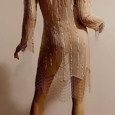 Vtg 70s Layering Silk Embellished  Jack Bryan Fringed dress