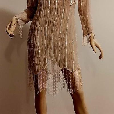 Vtg 70s Layering Silk Embellished  Jack Bryan Fringed dress