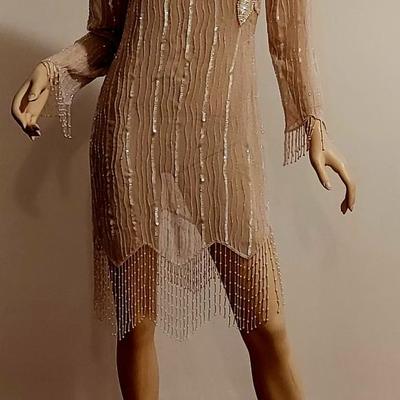 Vtg 70s Layering Silk Embellished  Jack Bryan Fringed dress