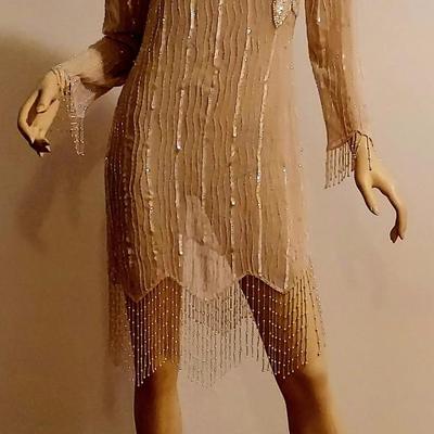 Vtg 70s Layering Silk Embellished  Jack Bryan Fringed dress