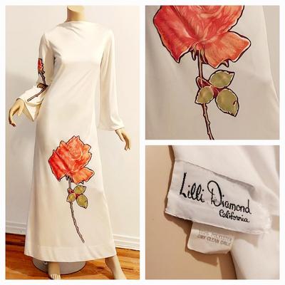 Vtg 1970s Lilli Diamond  maxi jersey dress with Rose Applique