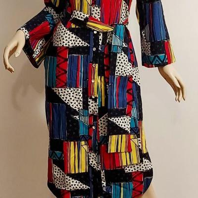 Vtg 80s Mr. Blackwell Hand Painted Print button Front dress/Sash