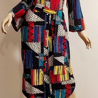 Vtg 80s Mr. Blackwell Hand Painted Print button Front dress/Sash