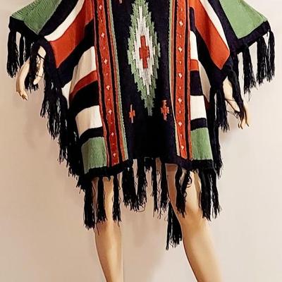 Vtg 70s Striped  Aztec wool content Poncho with wood Buttons