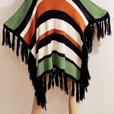 Vtg 70s Striped  Aztec wool content Poncho with wood Buttons