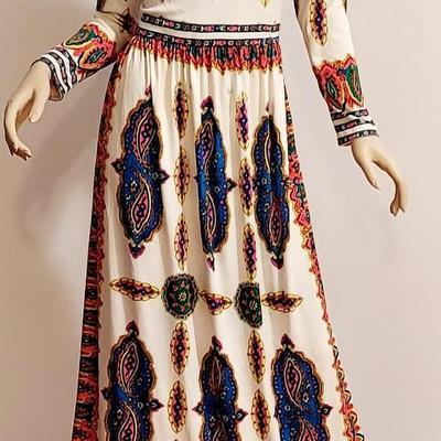 Vtg 1970s Signed Maurice Maxi dress printed /Sequined