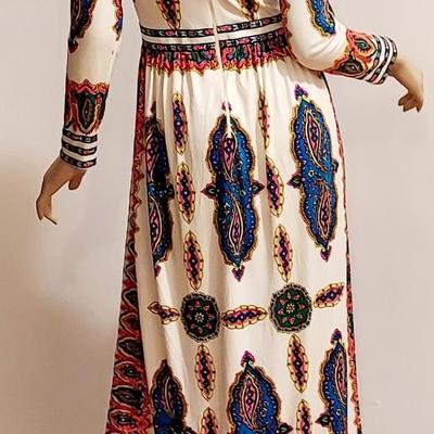 Vtg 1970s Signed Maurice Maxi dress printed /Sequined
