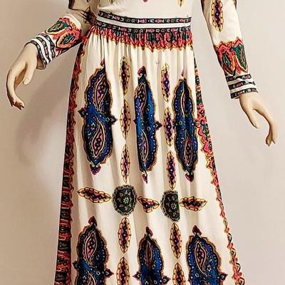 Vtg 1970s Signed Maurice Maxi dress printed /Sequined