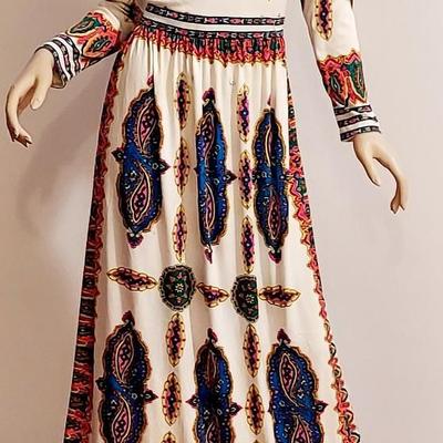 Vtg 1970s Signed Maurice Maxi dress printed /Sequined