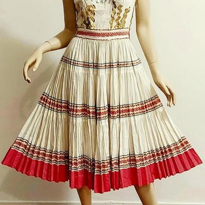 Vtg 1950s Fan pleat Fit & Flare Cotton Silver/Gold Metallic Ric Roc dress