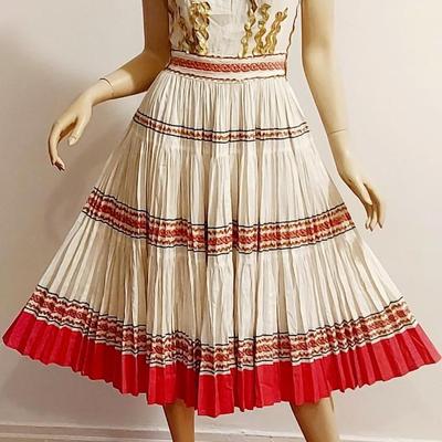 Vtg 1950s Fan pleat Fit & Flare Cotton Silver/Gold Metallic Ric Roc dress