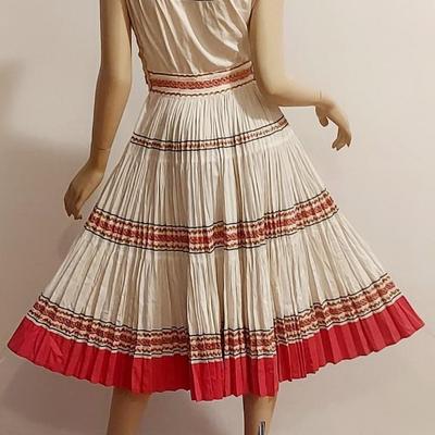 Vtg 1950s Fan pleat Fit & Flare Cotton Silver/Gold Metallic Ric Roc dress