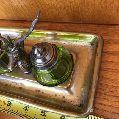 Vintage inkwell set with deer head center