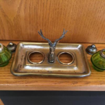 Vintage inkwell set with deer head center