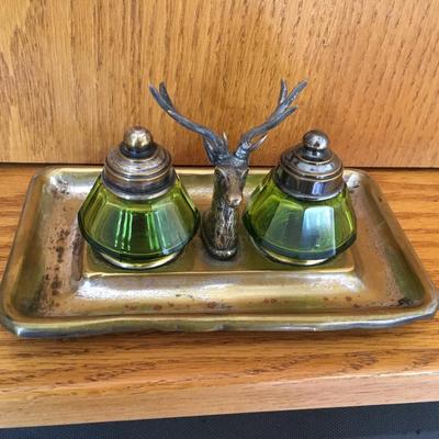 Vintage inkwell set with deer head center
