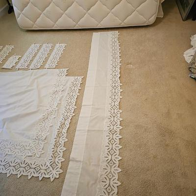 Three Sets of Lace Edged Curtains, Valances, & Pull Backs (UB-JS)