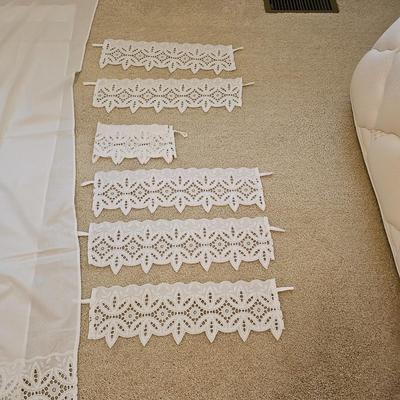 Three Sets of Lace Edged Curtains, Valances, & Pull Backs (UB-JS)