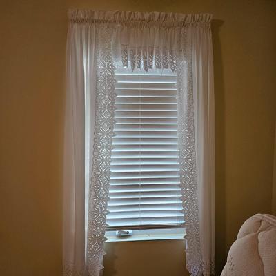 Three Sets of Lace Edged Curtains, Valances, & Pull Backs (UB-JS)