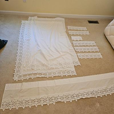 Three Sets of Lace Edged Curtains, Valances, & Pull Backs (UB-JS)