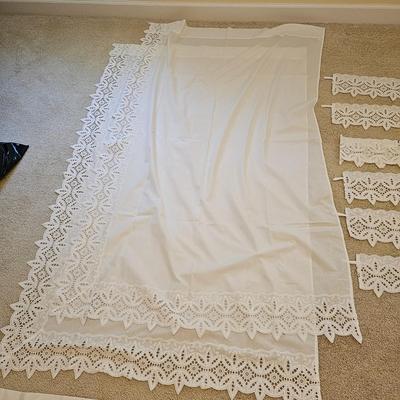 Three Sets of Lace Edged Curtains, Valances, & Pull Backs (UB-JS)