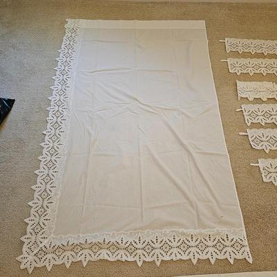 Three Sets of Lace Edged Curtains, Valances, & Pull Backs (UB-JS)