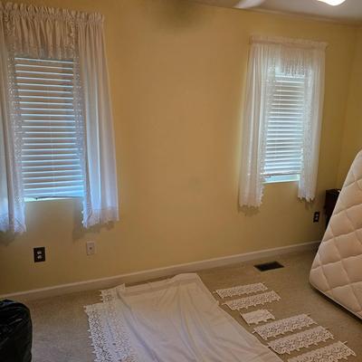 Three Sets of Lace Edged Curtains, Valances, & Pull Backs (UB-JS)