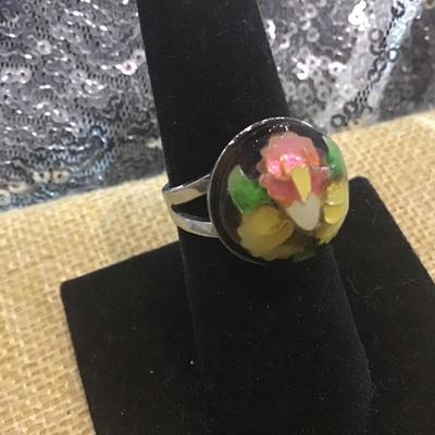 Adjustable Glass Ring Floral Flowers Silver Tone Pink Yellow Green