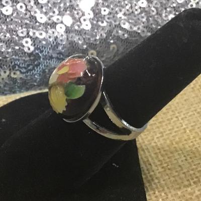 Adjustable Glass Ring Floral Flowers Silver Tone Pink Yellow Green