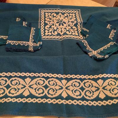 Vintage cotton blue abstract tablecloth and napkins