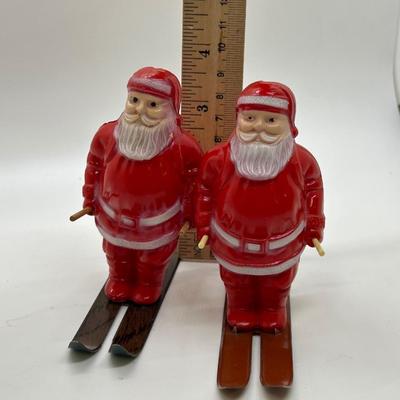 Pair of Vintage Irwin Celluloid Santa Claus on Skis Christmas Holiday Decor Figurines