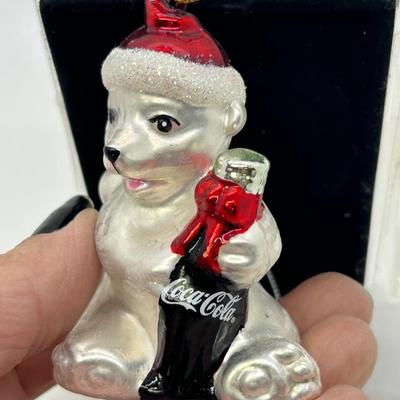 Coca-Cola Polar Bear Pup Handcrafted Christmas Tree Deocor Glass Ornament
