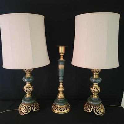 Green Marble and Brass Lamps with a Matching Candlestick (D-DW)