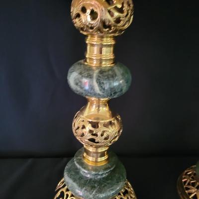 Green Marble and Brass Lamps with a Matching Candlestick (D-DW)