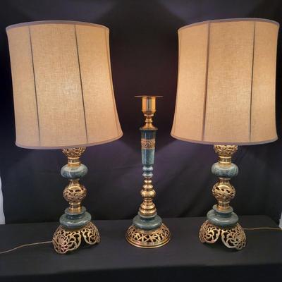 Green Marble and Brass Lamps with a Matching Candlestick (D-DW)