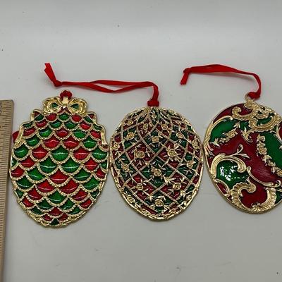 Set of Flat Egg Shaped Gold, Red, & Green Hanging Christmas Ornaments