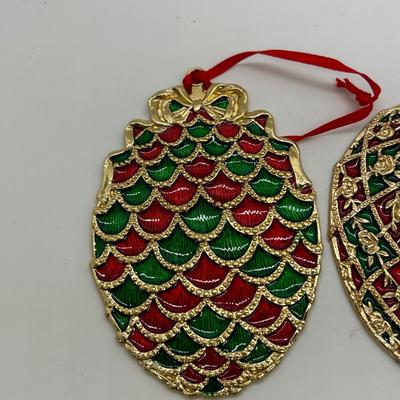 Set of Flat Egg Shaped Gold, Red, & Green Hanging Christmas Ornaments
