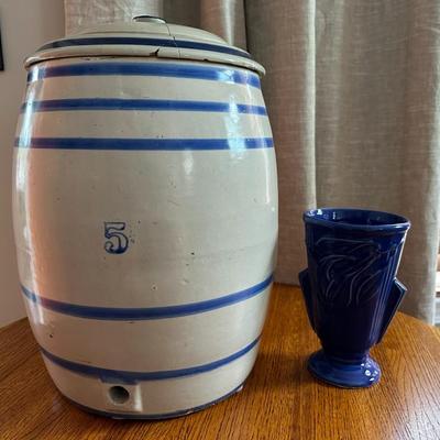 5 Gal. Pottery Water Dispenser/Jug and Blue Vase