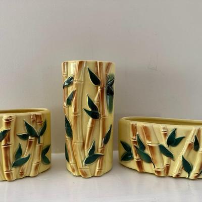 Set of 3 Yellow Ceramic Vases/Plaanters with Bamboo Motif