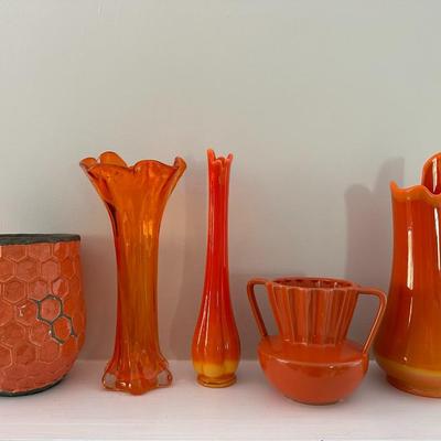 Orange Pottery and Slung Glass Vases - 5 Pcs