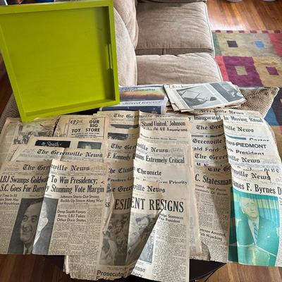 Vintage Newspaper Articles & Green Tray
