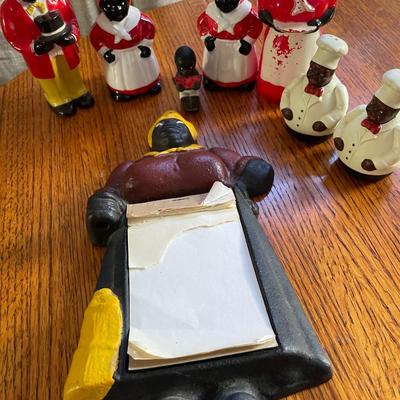 Cast Iron "Mammy" w/note pad, & Vintage Black American S/P Shaker Assortment
