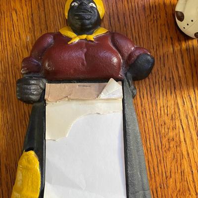 Cast Iron "Mammy" w/note pad, & Vintage Black American S/P Shaker Assortment