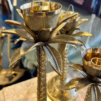 Vintage Hollywood Regency Style Brass Palm Tree Candlesticks Set of 3