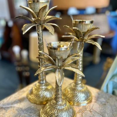 Vintage Hollywood Regency Style Brass Palm Tree Candlesticks Set of 3