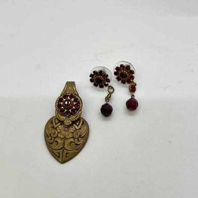 Vintage Dark Gold Tone Metal and Ruby Red Rhinestone Dangling Earrings and Heart Shaped Art Deco Pocket Tie Clip