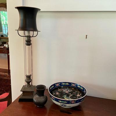 F1145 Vintage Single Candlestick Lamp with Metal Shade and Chinese Bowl, Mexico Vase